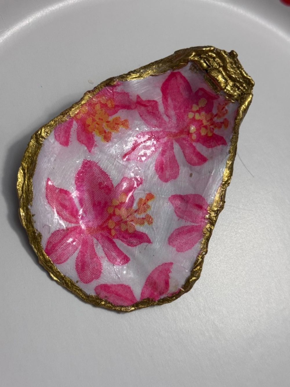 Handmade Floral Oyster Shell Dish with Gold Rim